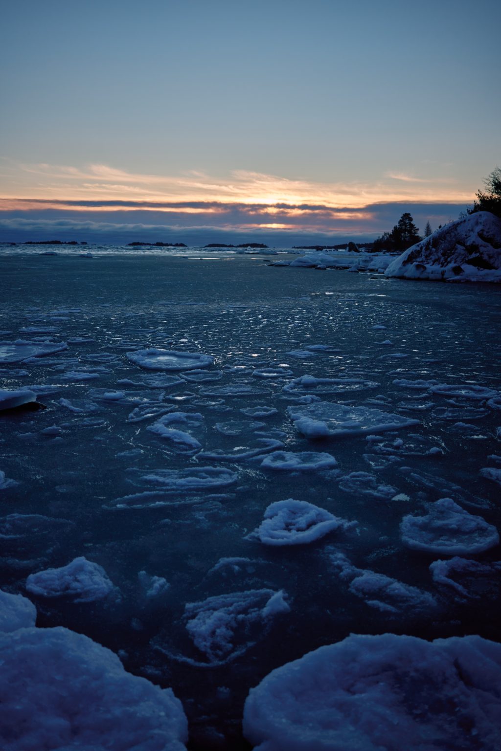 Low winter sun over the frozen sea, the Hälsingland coast