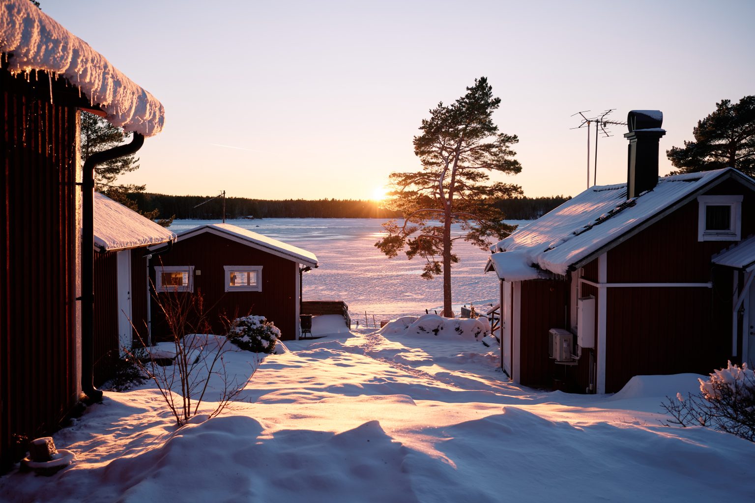 Falu-red houses at last light in the snow, Hälsingland, Sweden