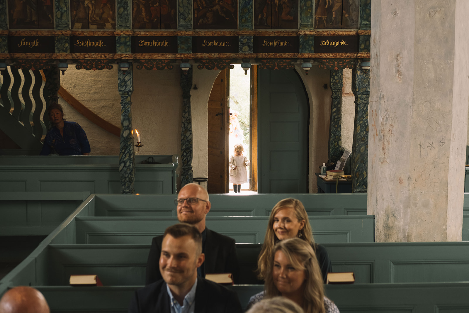The congregation of nineteen inside Fru Alstads kyrka