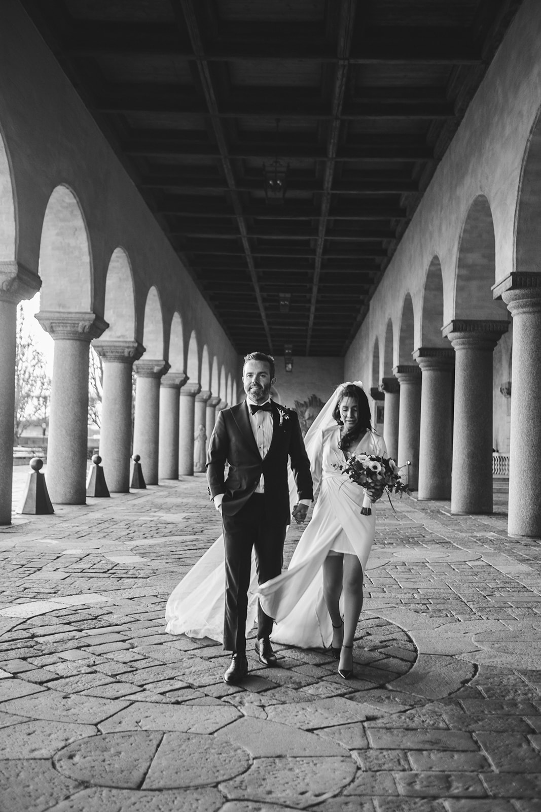 The arcade at Stockholm City Hall, black and white