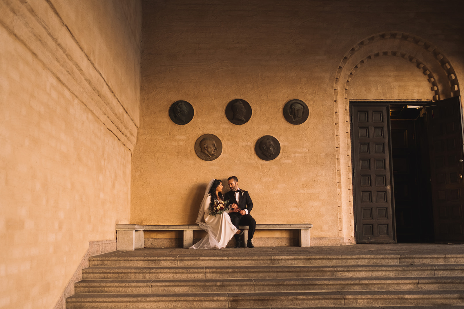Waiting in the courtyard arcade at Stockholm City Hall