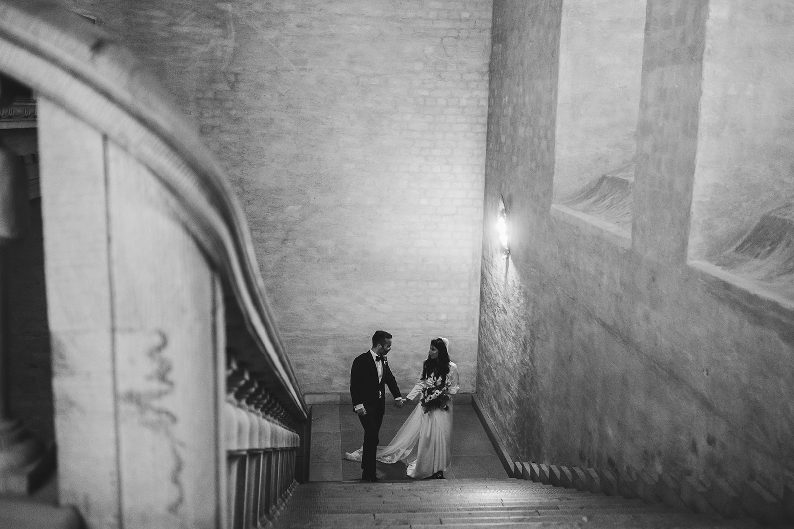 The staircase inside Stadshuset, black and white