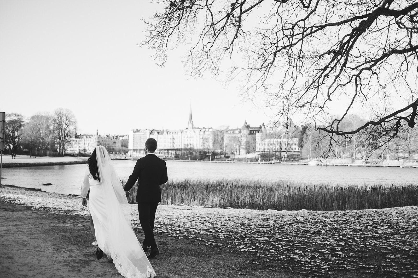 The couple by the reeds on Djurgården, black and white
