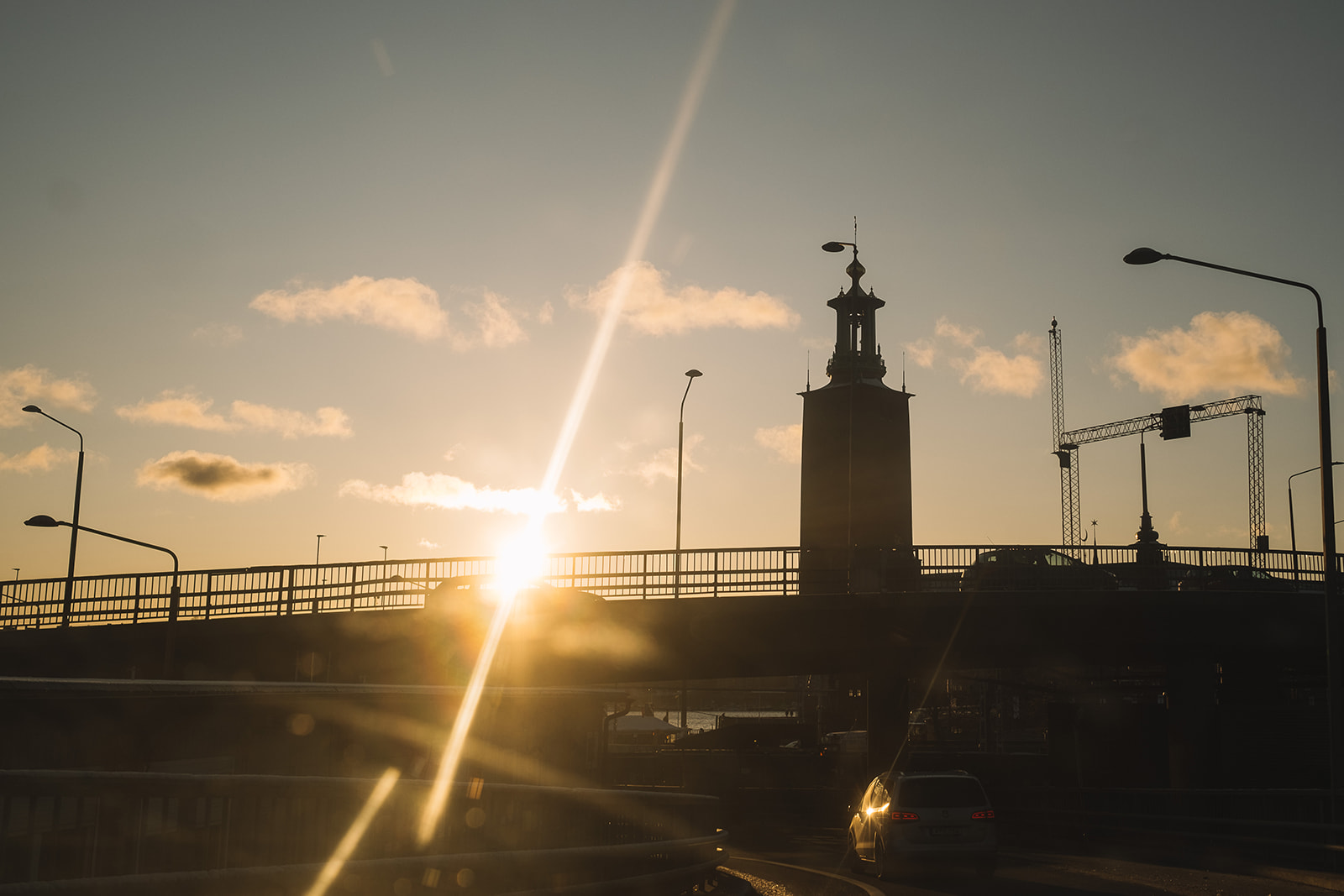 The sun going down behind the Stockholm City Hall tower