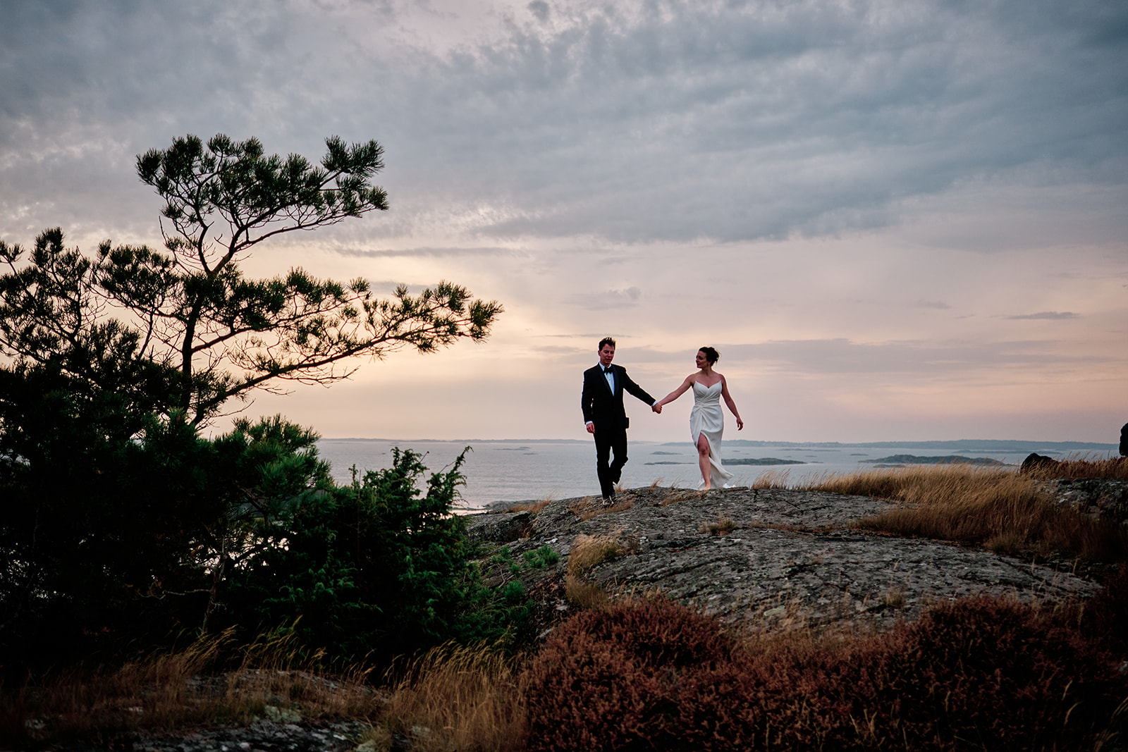 The couple at dusk under the pines at Hov&aring;s