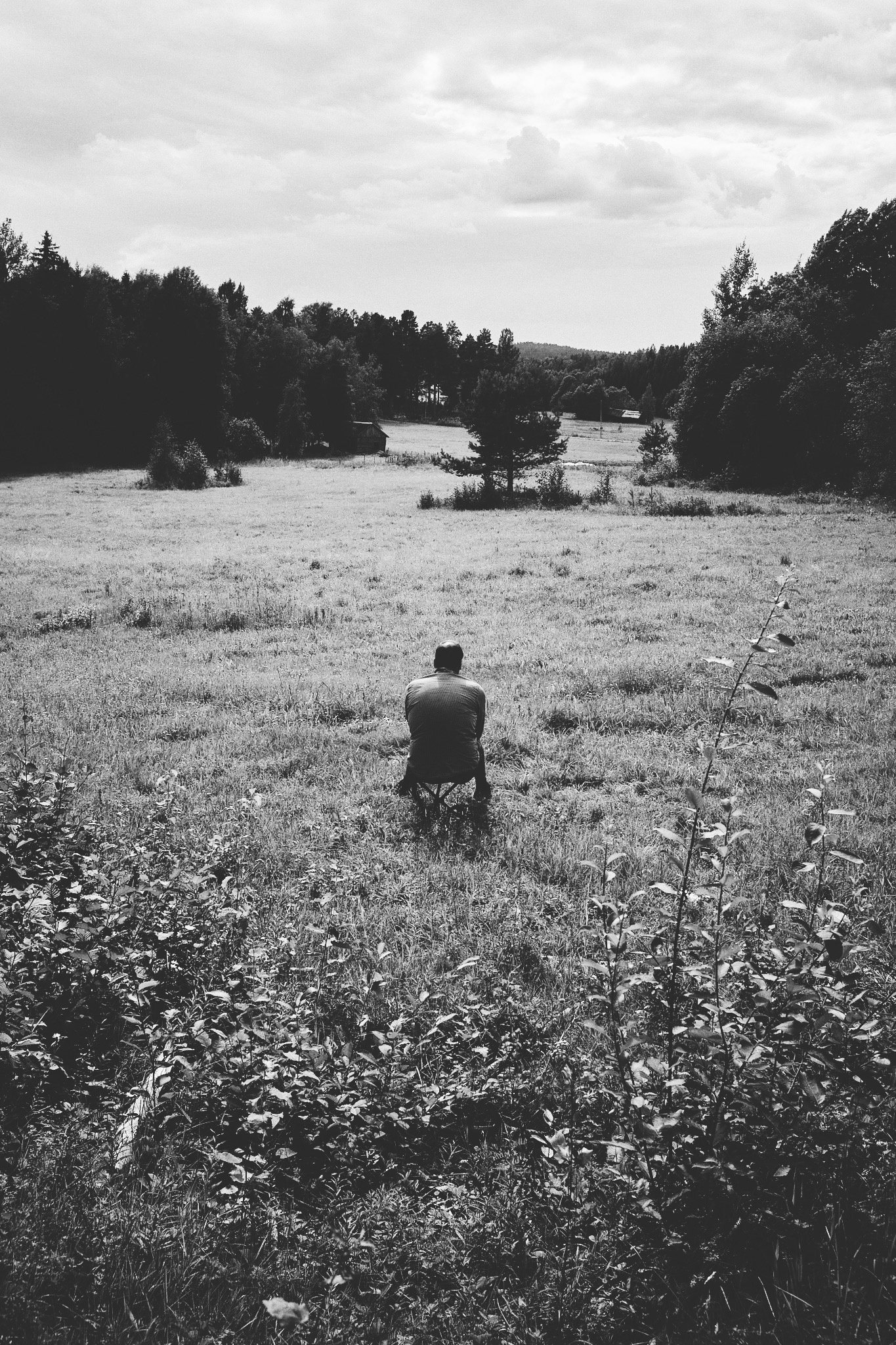 A figure walking away through a meadow, black and white
